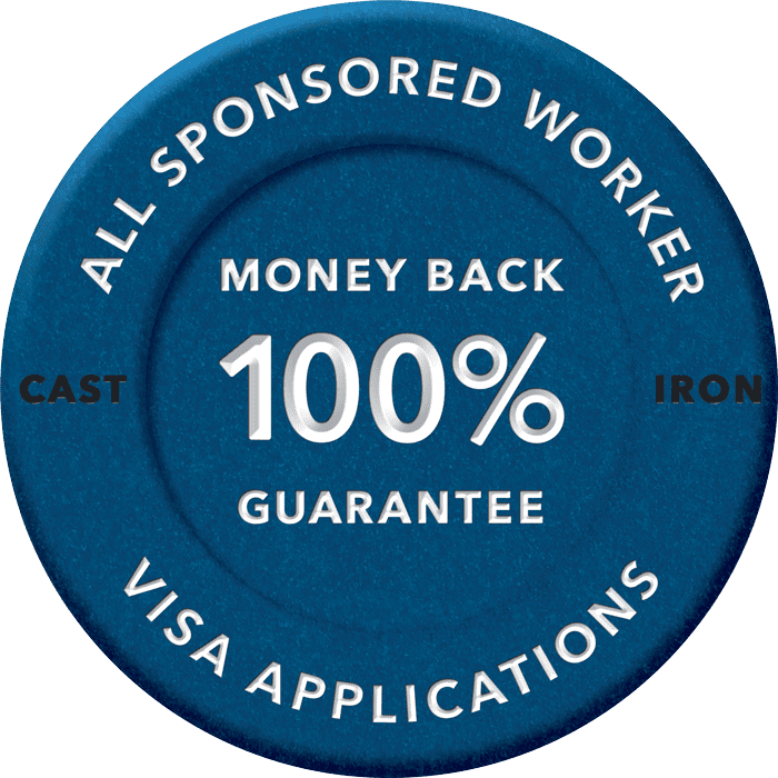 A circular blue badge offering 100% money back guarantee